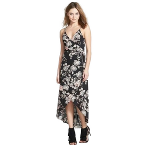 Astr Size M Floral‎ Criss Cross Back Detail Tie Waist High Low Dress Black Cream